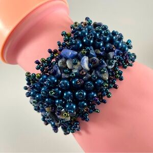 Stunning Unsigned Blue Peacock Seed Bead Natural Stone Stretch Wide Bracelet